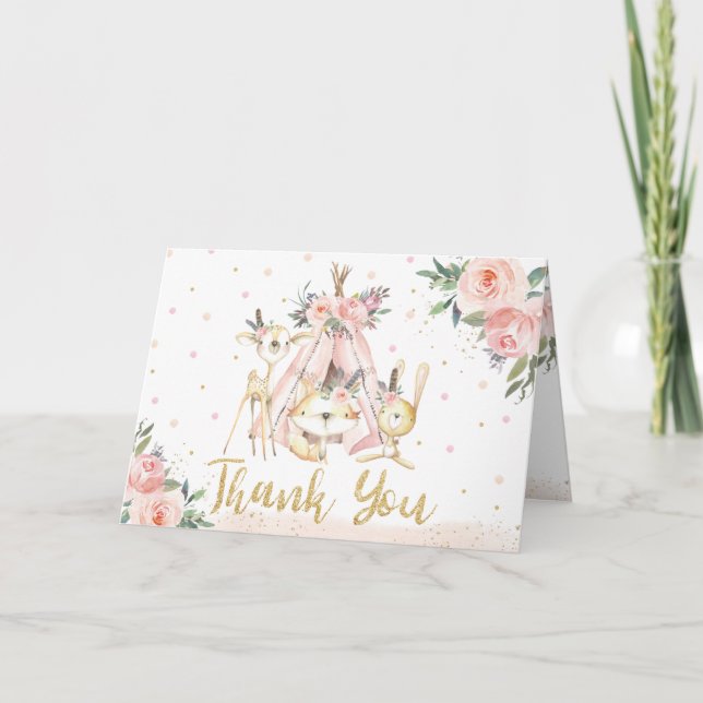 Cute Tribal Woodland Animals Birthday Baby Shower Thank You Card (Front)