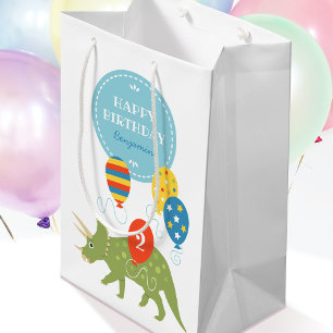 Cute Triceratops Dinosaur Balloons Custom Name Age Medium Gift Bag