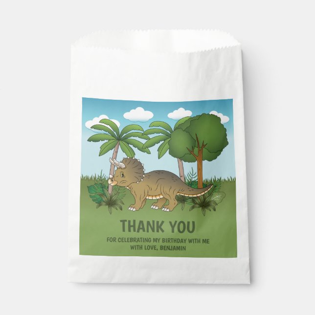Cute Triceratops Dinosaur Birthday Thank You Favour Bag (Front)