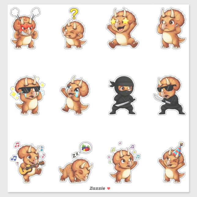 Cute Triceratops Dinosaur Sticker Pack Emojis (Sheet)