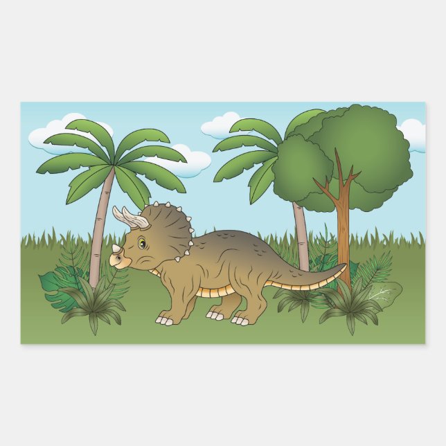 Cute Triceratops Dinosaur Tropical Palm Tree Rectangular Sticker (Front)