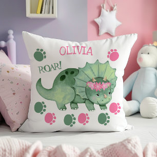 Cute Triceratops Girl Dinosaur Tracks Cushion