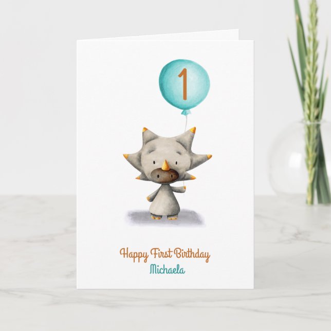 Cute Triceratops with Balloon First Birthday Card (Front)