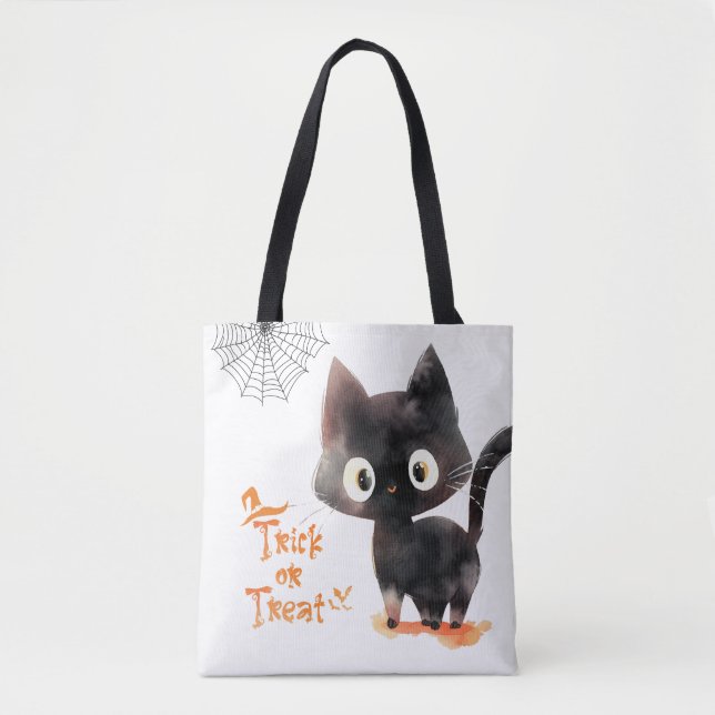 Cute Trick or treat Black Cat Halloween Tote Bag (Front)