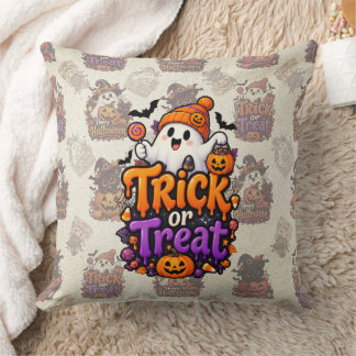 Cute Trick or Treat Ghost Halloween Throw Pillow