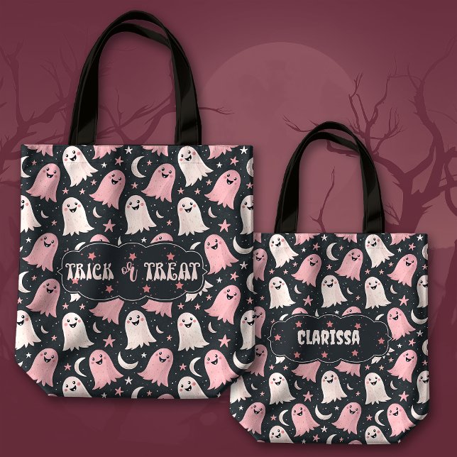 Cute Trick or Treat Ghosts with Moon and Stars Tote Bag (Creator Uploaded)