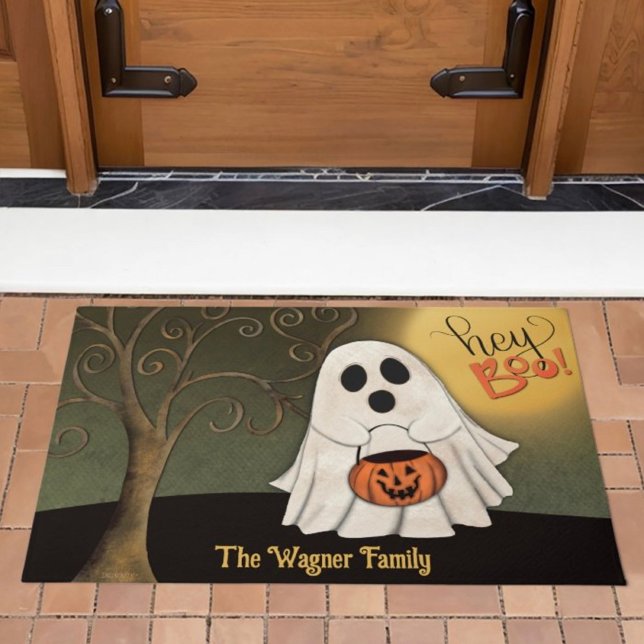 Cute Trick-or-Treater Ghost Halloween Customised  Doormat (Cute hey boo, personalize ghost, inspirivity doormat
)