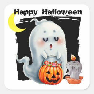 Cute Trick or Treating Ghost Kids Halloween Square Sticker