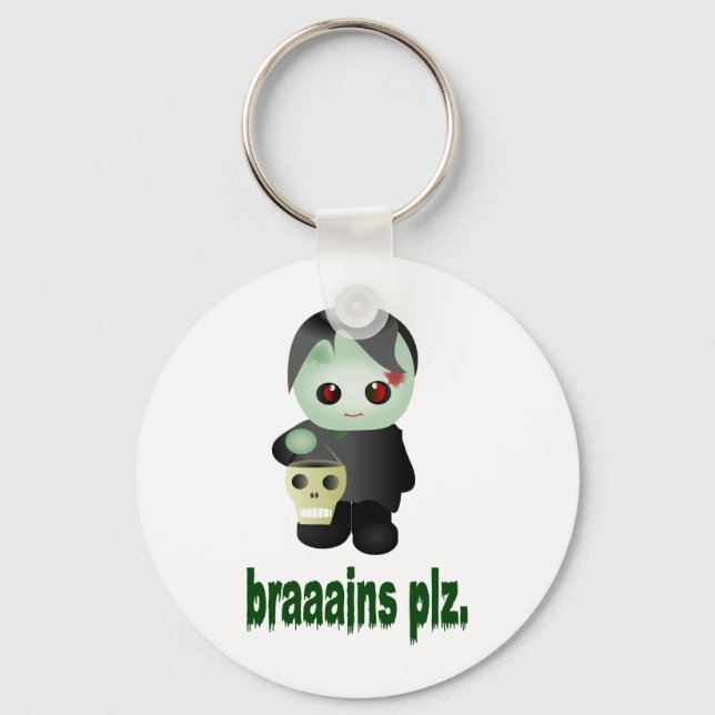 Cute Trick-or-Treating Zombie - "braaains plz" Key Ring (Front)