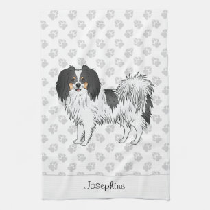Cute Tricolor Phalène Cartoon Dog With Custom Name Tea Towel