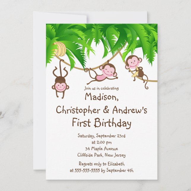 Cute Triplets Monkey Birthday Party Invitations (Front)