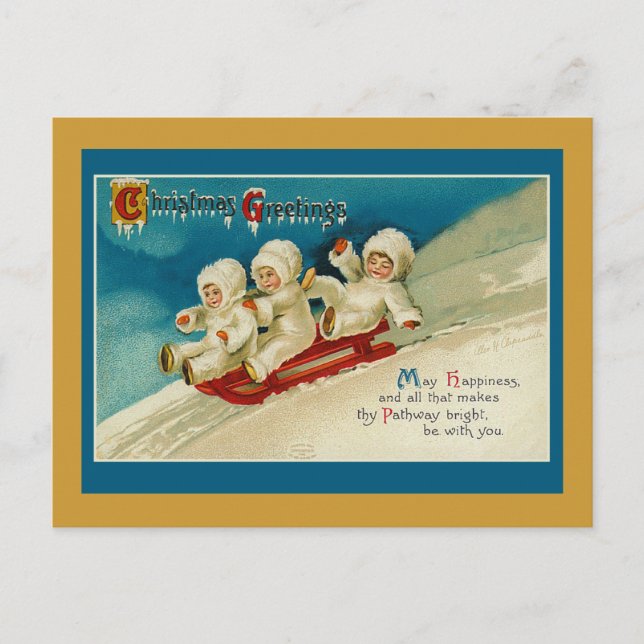 Cute Triplets Sledding Holiday Cards (Front)