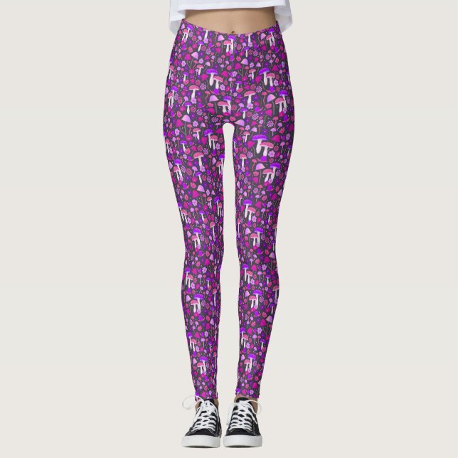 Cute Trippy Mushrooms Purple, Pink, & Black Leggings (Front)