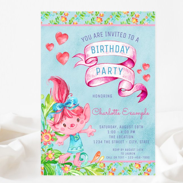 Cute Troll Birthday Party Invitations (You can change all of the text as needed for your event.)