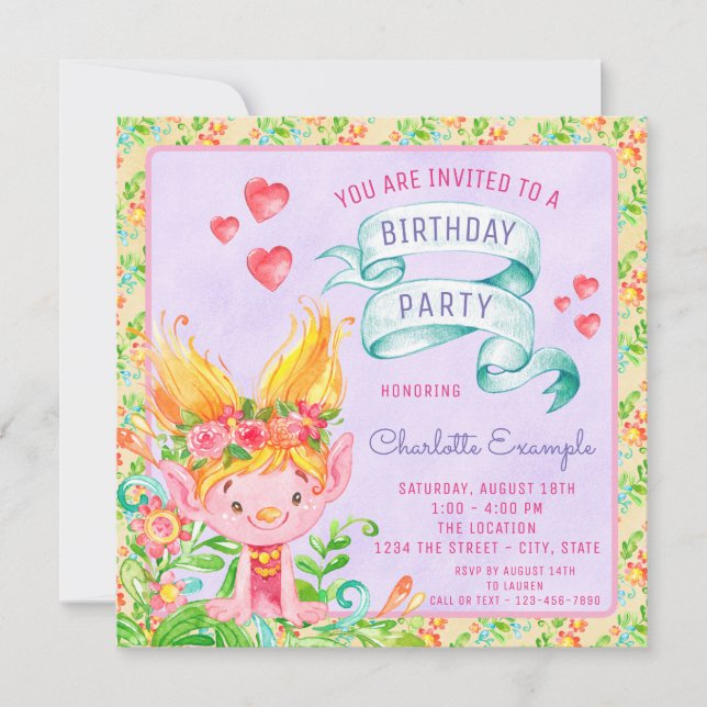 Cute Troll Birthday Party Invitations (Front)