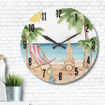 Cute Tropical Beach Large Clock<br><div class="desc">A cool watercolor beach theme with shades of pink and teal, setting the vibe for a beach escape or vibe. Cute pink and white beach chair, umbrella, and even a flamingo floaty for some extra fun. Palm trees swaying, shells to collect—it's all about those chill tropical beach vibes. With modern...</div>