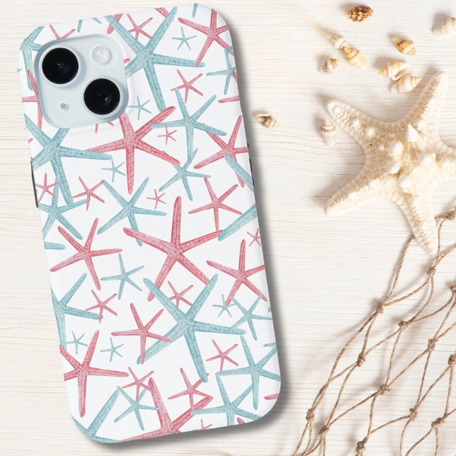 Cute Tropical Beach Pattern iPhone 15 Case (Summer Coastal Teal Pink Nautical Starfish Beach Case-Mate iPhone Case)