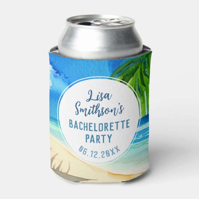 Cute Tropical Beach Watercolor Custom Bachelorette Can Cooler (Can Front)