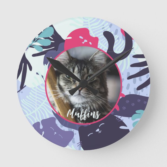 Cute tropical cat pattern, custom pet photo gift round clock (Front)