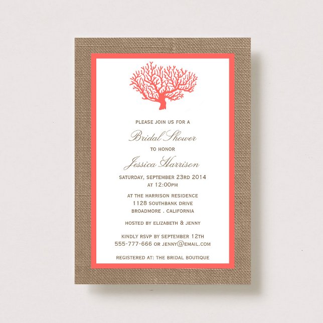 Cute Tropical Coral Beach Burlap Bridal Shower Invitation (Creator Uploaded)