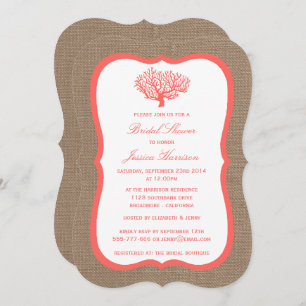 Cute Tropical Coral Beach Burlap Bridal Shower Invitation