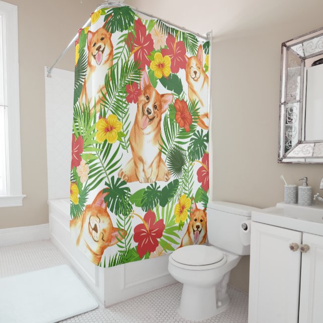 Cute Tropical Corgi Colourful  Shower Curtain (In Situ)