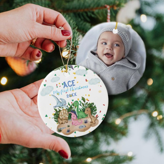 Cute Tropical Dinosaurs Baby First 1st Christmas C Ceramic Ornament (Creator Uploaded)