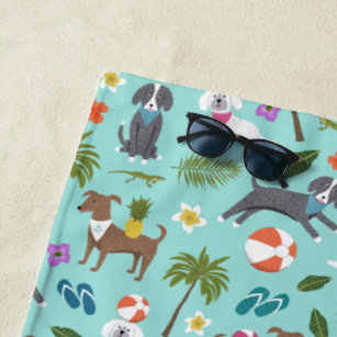 Cute Tropical Dog Pattern   Monogram   Aqua Beach Towel