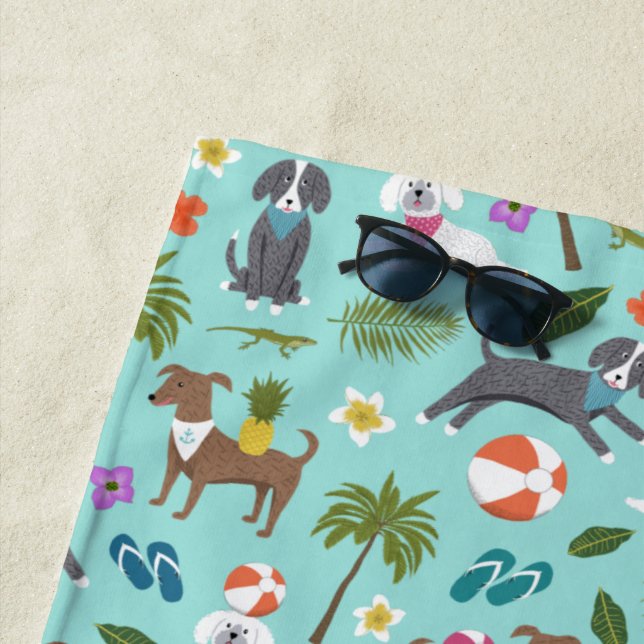 Cute Tropical Dog Pattern | Monogram | Aqua Beach Towel (In Situ)