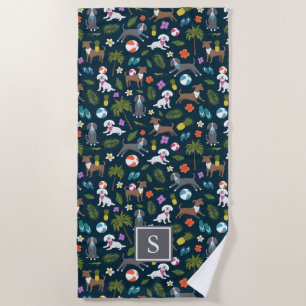 Cute Tropical Dog Pattern Monogram Navy Beach Towel
