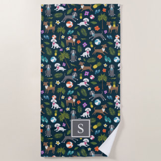 Cute Tropical Dog Pattern | Monogram | Navy Beach Towel