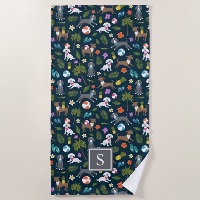 Cute Tropical Dog Pattern | Monogram | Navy Beach Towel (Front)