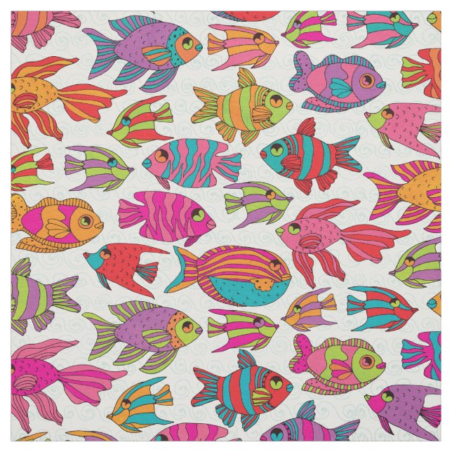 Cute Tropical Fish Pink Turquoise on White Pattern Fabric (Swatch)