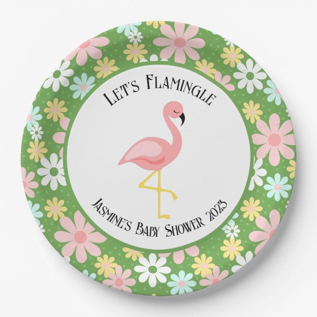 Cute Tropical Flamingo and Retro Daisy Flower Paper Plate (Front)