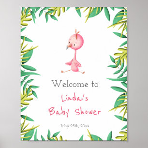Cute Tropical Flamingo Girl Baby Shower Welcome Poster