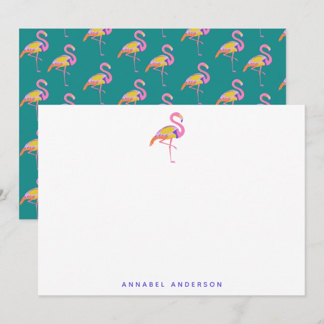 Cute Tropical Flamingo Green Purple Personalised Thank You Card (Front/Back)