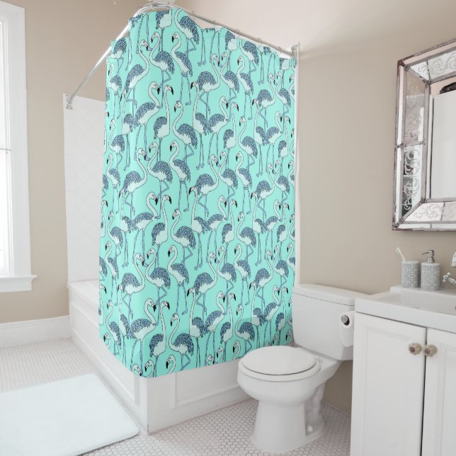 Cute Tropical Flamingo Pattern Shower Curtain (In Situ)