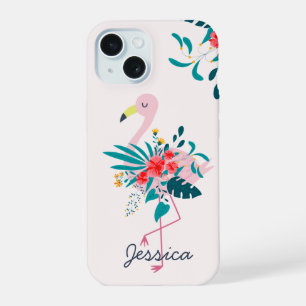 Cute Tropical Floral Flamingo iPhone 15 Case