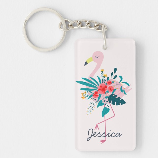 Cute Tropical Floral Flamingo Key Ring (Front)
