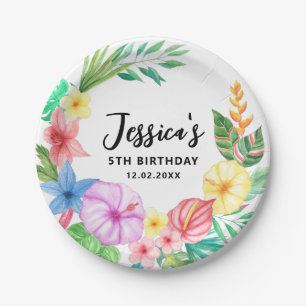 Cute Tropical Floral Wreath Summer Birthday Paper Plate