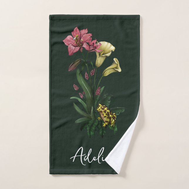 Cute Tropical Frog and Lily Botanical Floral Art Bath Towel Set (Hand Towel)