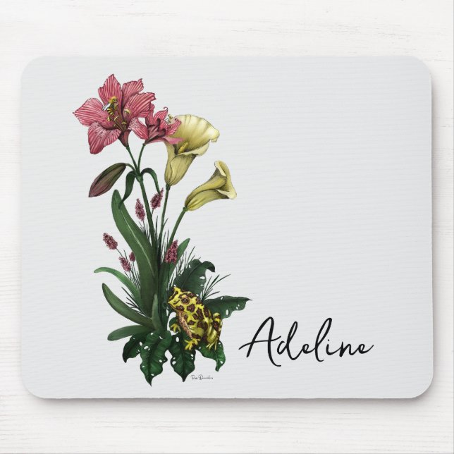 Cute Tropical Frog and Lily Botanical Floral Art Mouse Pad (Front)