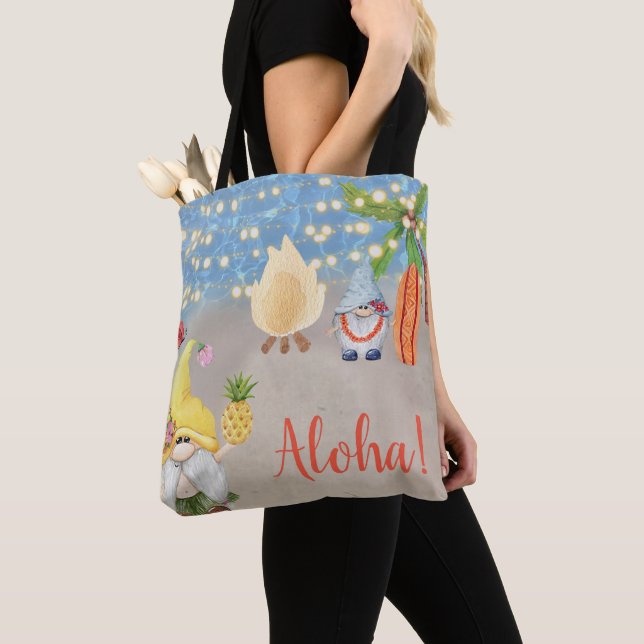 Cute Tropical Gnomes on the Beach Luau Party Tote Bag (Close Up)