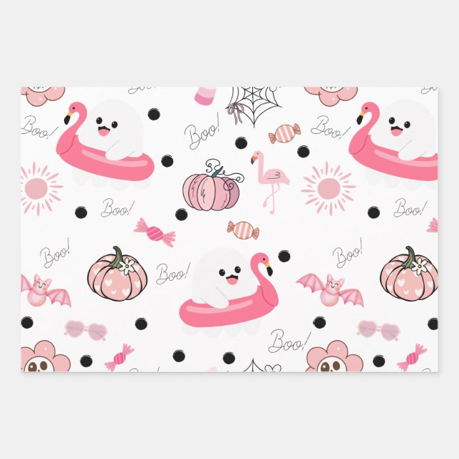Cute Tropical Halloween - Pink Ghosts & Flamingos Wrapping Paper Sheet (Front)