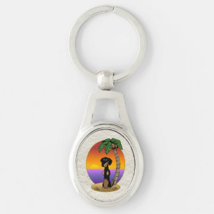 Cute Tropical Island Beach Dachshund (black & tan) Key Ring