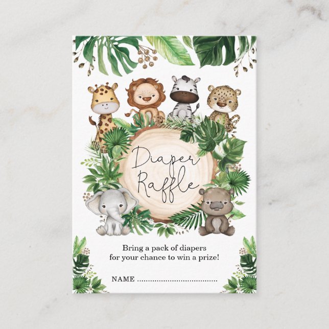 Cute Tropical Jungle Safari Animals Diaper Raffle Enclosure Card (Front)