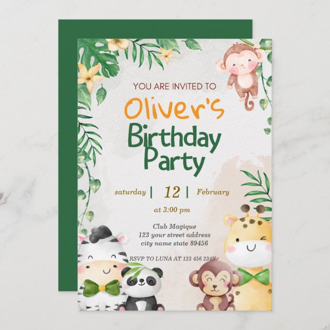 Cute Tropical Jungle Safari Wild One 1st Birthday Invitation (Front/Back)