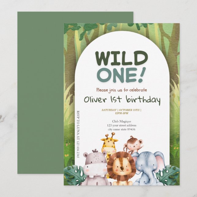 Cute Tropical Jungle Safari Wild One 1st Birthday Invitation (Front/Back)