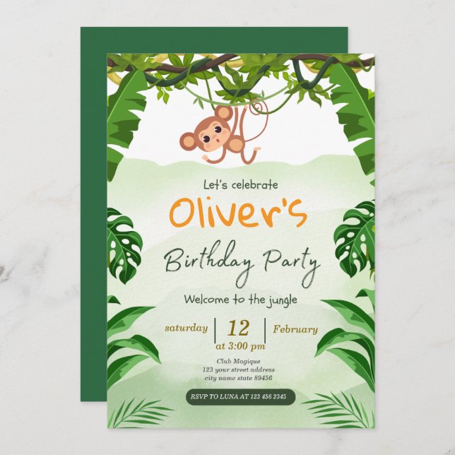 Cute Tropical Jungle Safari Wild One 1st Birthday Invitation (Front/Back)