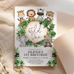 Cute Tropical Jungle Safari Wild One 1st Birthday Invitation<br><div class="desc">Celebrate your little boy's 1st birthday with this whimsical safari-themed party invitation. The design features a group of adorable jungle animals and lush tropical watercolor greenery</div>